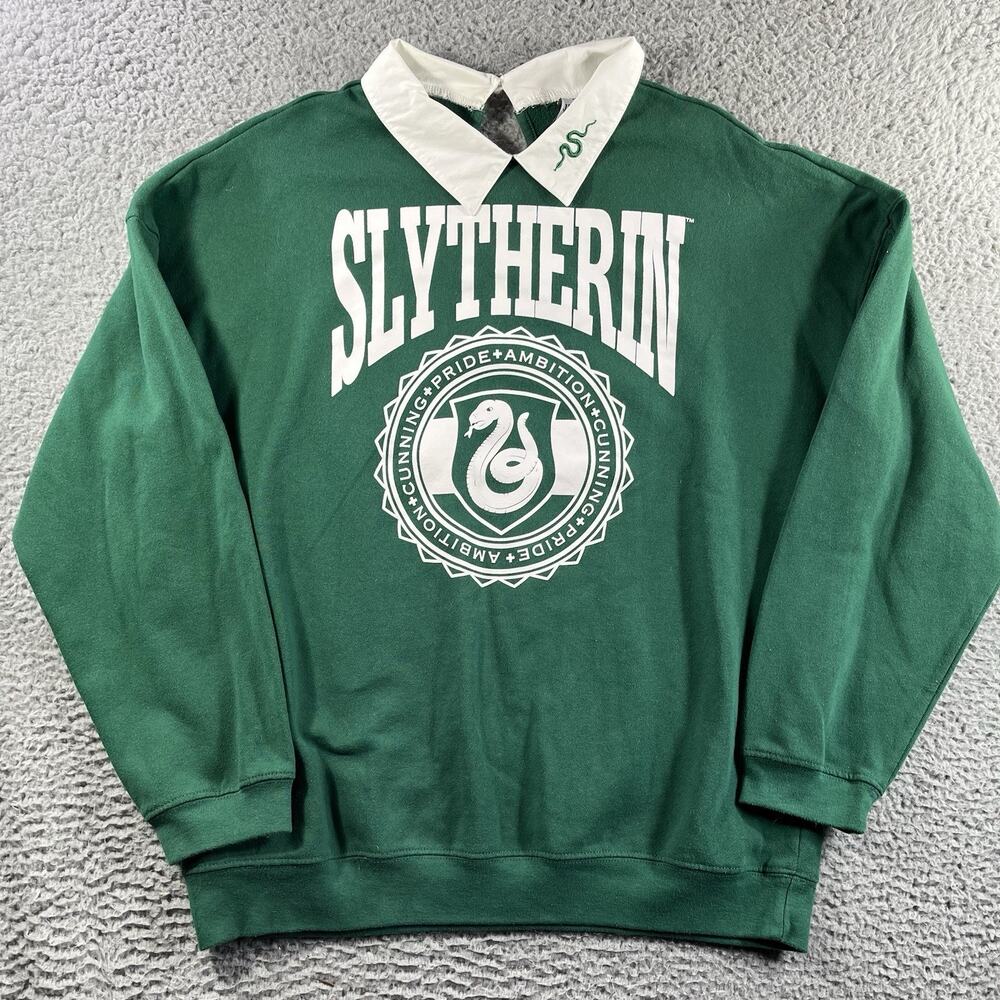 Harry Potter Slytherin Sweatshirt Medium M Green White Collar Varsity Crewneck
